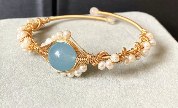 14K Gold Wrapped Hailan Baohai Sapphire Natural White Pearl Bracelet