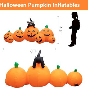 Joybest Halloween Inflatable Decoration 8 Ft Long Inflatable 7 Pumpkins Patch Lanterns With Black Cat With Build-In Leds Blow Up Inflatables For Thanksgiving Party Outdoor Garden Lawn Yard Deco