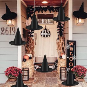 12 Pcs Black Witch Hat With Hanging Rope, 16 Pcs 3D Bats Stickers For Halloween Indoor Outdoor Yard Decor Party Decorations, Wizard Costume For Women Girls Kids