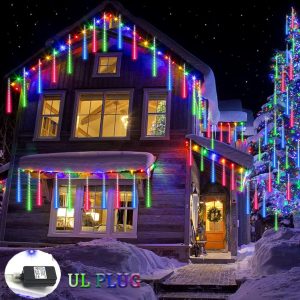 Weepong Meteor Shower Lights Ul Certified 192 Led Falling Rain Lights With 30Cm 8 Tubes Rain Drop Christmas Icicle Cascading Lights For Halloween Party Holiday Garden Tree, Multicolor