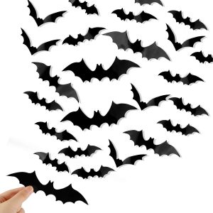 Diyasy Bats Wall Decor,120 Pcs 3D Bat Halloween Decoration Stickers For Home Decor 4 Size Waterproof Black Spooky Bats For Room Décor