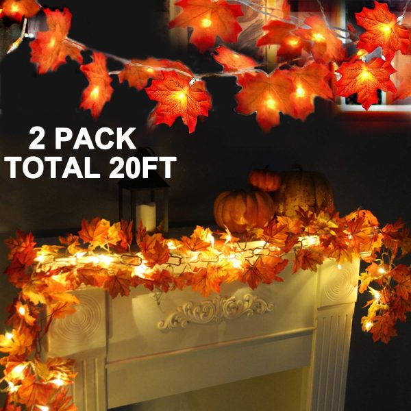 Turnmeon 2 Pack Fall Decor Enlarged Maples Leafed Halloween Fall Decorations For Home Fall Lights Thick Leafs Garlands, Total 20Ft 40Led Battery Operated Waterproof Thanksgiving Decor Indoor Outdoor