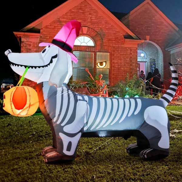 Goosh 5Ft Halloween Inflatables Outdoor Decorations Skeleton Puppy Inflatable Yard Decoration With Build-In Leds Blow Up Pumpkin For Halloween Party Indoor Outdoor Yard Garden