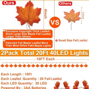 Turnmeon 2 Pack Fall Decor Enlarged Maples Leafed Halloween Fall Decorations For Home Fall Lights Thick Leafs Garlands, Total 20Ft 40Led Battery Operated Waterproof Thanksgiving Decor Indoor Outdoor