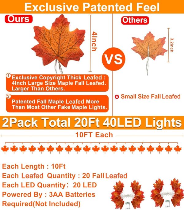 Turnmeon 2 Pack Fall Decor Enlarged Maples Leafed Halloween Fall Decorations For Home Fall Lights Thick Leafs Garlands, Total 20Ft 40Led Battery Operated Waterproof Thanksgiving Decor Indoor Outdoor