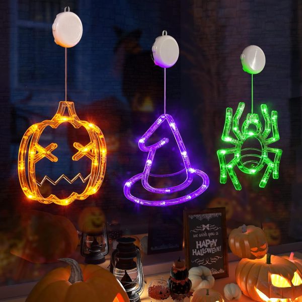 Lolstar Halloween Decorations 3 Pack Orange Pumpkin Green Spider Purple Witch Hat Halloween Window Lights With Suction Cup Battery Operated Halloween Lights, Upgrade Slow Fade Mode Timer Function