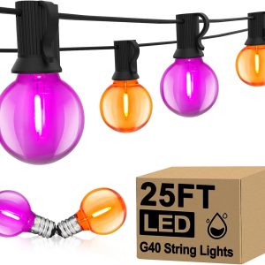 25Ft Outdoor Halloween String Lights, G40 Outdoor Halloween Decorations Lights With 27 Led Shatterproof Orange Purple Globe Lights(2 Spare), Hanging Patio Lights For Holiday Balcony Backyard Party