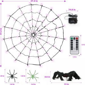 Halloween Lights, Orange Purple Halloween Spider Web Lights Decoration 4 Ft Diameter+80 Led+1 Big Black Spider+10 Small Spiders+8 Lighting Modes, Outdoor Indoor Battery Operated Halloween Lights