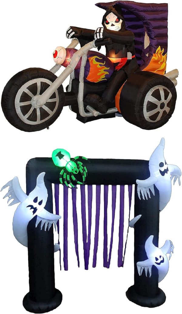 Two Halloween Party Decorations Bundle, Includes 7 Foot Long Inflatable Grim Reaper On Motorcycle, And 8 Foot Tall Inflatable Ghosts Spider Archway Arch Outdoor Indoor Blowup With Lights