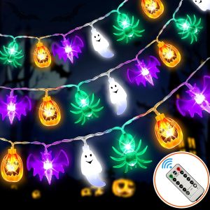 Kenburg Halloween String Lights Battery Operated 26 Feet 40 Led 3D Orange Pumpkins Purple Bats White Ghosts Green Spider Lights With Timer-8 Light Modes Halloween Decorations Lights Indoor Outdoor