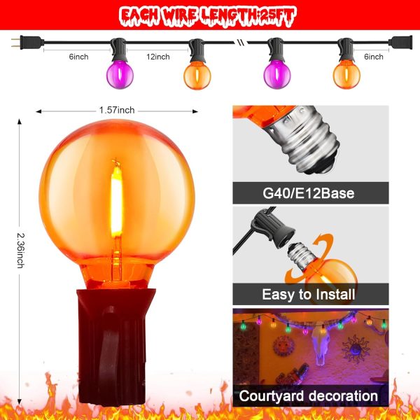 25Ft Outdoor Halloween String Lights, G40 Outdoor Halloween Decorations Lights With 27 Led Shatterproof Orange Purple Globe Lights(2 Spare), Hanging Patio Lights For Holiday Balcony Backyard Party