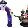 Two Halloween Party Decorations Bundle, Includes 8 Foot Tall Halloween Inflatable Pirate Skull Archway With Color Changing Led Lights, And 7 Foot Halloween Inflatable Skeletons Ghosts On Pirate