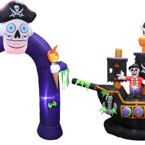 Two Halloween Party Decorations Bundle, Includes 8 Foot Tall Halloween Inflatable Pirate Skull Archway With Color Changing Led Lights, And 7 Foot Halloween Inflatable Skeletons Ghosts On Pirate