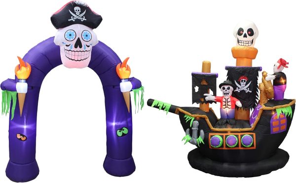 Two Halloween Party Decorations Bundle, Includes 8 Foot Tall Halloween Inflatable Pirate Skull Archway With Color Changing Led Lights, And 7 Foot Halloween Inflatable Skeletons Ghosts On Pirate