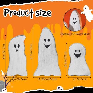 Halloween Tiered Tray Decor Set Of 3, Wooden Ghosts Decor, Wooden Ghost Theme Table Centerpieces For Home Décor Shelf Mantel