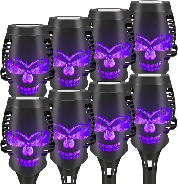 Liveasily 8 Pack Solar Torch Skull Light With Flickering Flame, Outdoor Waterproof Solar Halloween Skull Lights Decorations, Solar Torches Landscape Pathway Lights For Halloween Decor (Purple)