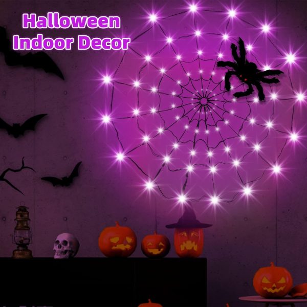 Halloween Lights, Orange Purple Halloween Spider Web Lights Decoration 4 Ft Diameter+80 Led+1 Big Black Spider+10 Small Spiders+8 Lighting Modes, Outdoor Indoor Battery Operated Halloween Lights