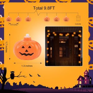 Letapapa Halloween Decorations, 9.8Ft 20 Led Pumpkin String Lights, Battery Operated 2 Mode Steady/Flickering Waterproof Halloween Lights, Indoor Outdoor Halloween Decor Home Party Decorations