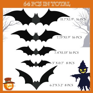 Halloween Decorations Bats Wall Decor Halloween Party Decorations Indoor Outdoor Halloween Decor Supplies, 64 Pcs Reusable Pvc 3D Black Bats Stickers For Creepy Home Bathroom Decor