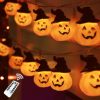 Halloween Pumpkin String Lights With Witch Hat, 20 Led 16.4Ft 8 Modes Timer 3D Waterproof Orange Jack-O-Lantern Battery Operated Flickering Lights For Indoor Outdoor Decor Party Decorations