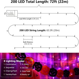 Flacchi Orange Purple Halloween Lights, 67 Ft 200 Led Battery Operated String Lights Waterproof 8 Modes & Auto Timer Mini Lights For Halloween Decorations, Home, Party, Holiday Decor Outdoor Indoor