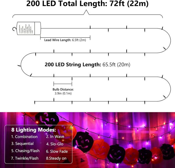 Flacchi Orange Purple Halloween Lights, 67 Ft 200 Led Battery Operated String Lights Waterproof 8 Modes & Auto Timer Mini Lights For Halloween Decorations, Home, Party, Holiday Decor Outdoor Indoor