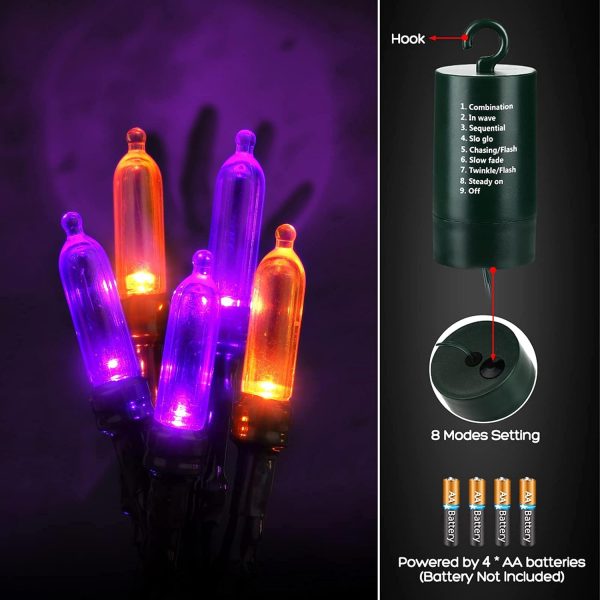 Flacchi Orange Purple Halloween String Lights 100 Led 33 Ft Battery Operated String Lights Waterproof 8 Modes & Auto Timer Mini Lights For Party, Halloween Decorations, Outdoor & Indoor Decor