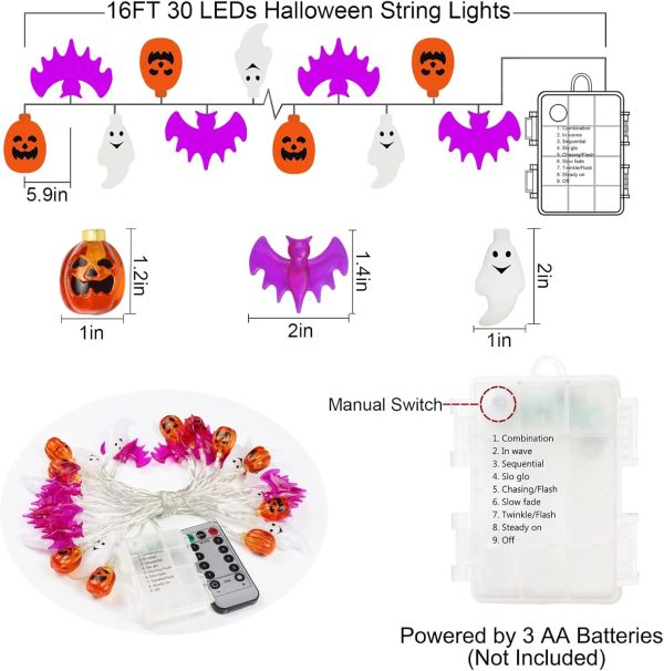 Halloween Lights, 16Ft 30 Led Waterproof 3D Pumpkin Bat Ghost Battery Operated String Lights With Timer - 8 Lighting Modes Fairy Light For Window Indoor Outdoor Decor Halloween Party Decorations