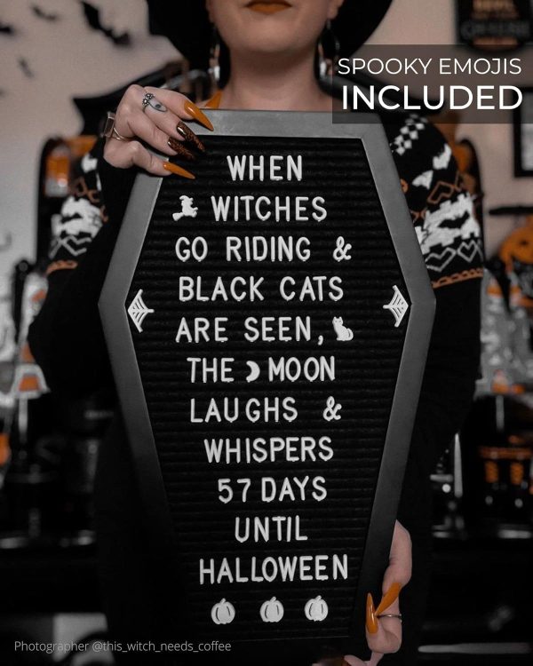 Coffin Letter Board Black With Spooky And All Seasons Emojis +500 Characters, And Wooden Stand - 17X10.5 Inches - Halloween Decorations Gothic Decor Spooky Gifts