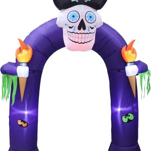 Two Halloween Party Decorations Bundle, Includes 8 Foot Tall Halloween Inflatable Pirate Skull Archway With Color Changing Led Lights, And 7 Foot Halloween Inflatable Skeletons Ghosts On Pirate