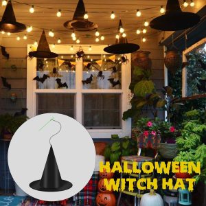 12 Pcs Black Witch Hat With Hanging Rope, 16 Pcs 3D Bats Stickers For Halloween Indoor Outdoor Yard Decor Party Decorations, Wizard Costume For Women Girls Kids