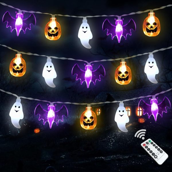 Halloween Lights, 16Ft 30 Led Waterproof 3D Pumpkin Bat Ghost Battery Operated String Lights With Timer - 8 Lighting Modes Fairy Light For Window Indoor Outdoor Decor Halloween Party Decorations