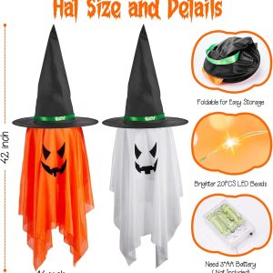 Minetom Halloween Lights Battery Operated, 2Pc Large Hanging Witch Hats Lights, Total 40 Led Light Up Witch Hat, Glowing Ghost Witch Hat Lights, Halloween Outdoor Decoration For Tree Indoor,Warm White