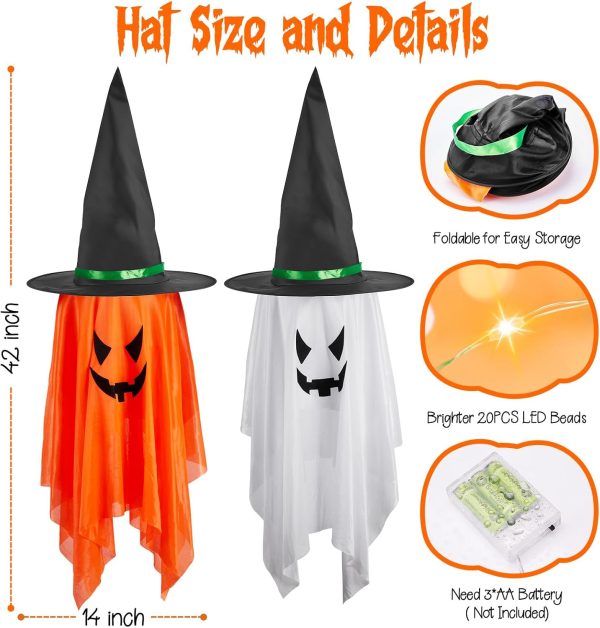 Minetom Halloween Lights Battery Operated, 2Pc Large Hanging Witch Hats Lights, Total 40 Led Light Up Witch Hat, Glowing Ghost Witch Hat Lights, Halloween Outdoor Decoration For Tree Indoor,Warm White