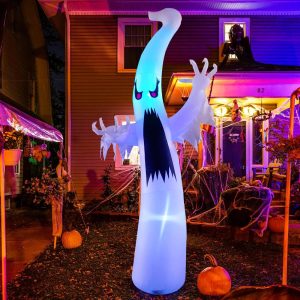 Goosh 6 Ft Halloween Inflatables Ghost And 5 Ft Halloween Inflatable Dog, Outdoor Decorations Blow Up Yard Scary Red Eye Dimming Ghost With Built-In Colorful Leds For Garden Lawn Indoor Party Decor