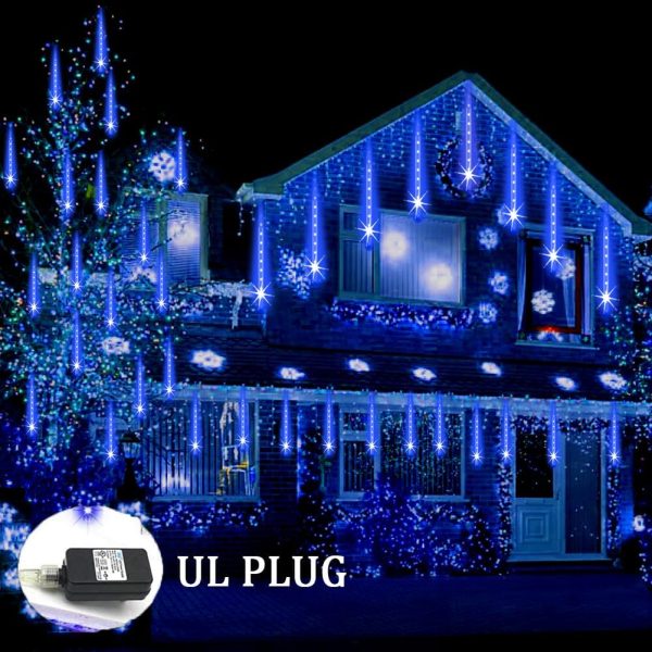 Weepong Meteor Shower Lights Outdoor Christmas Lights Ul Certified Falling Rain Drop Lights Snowfall Icicle Cascading String Lights For Xmas Holiday Tree Garden Decor Blue, 12Inch 8Tubes