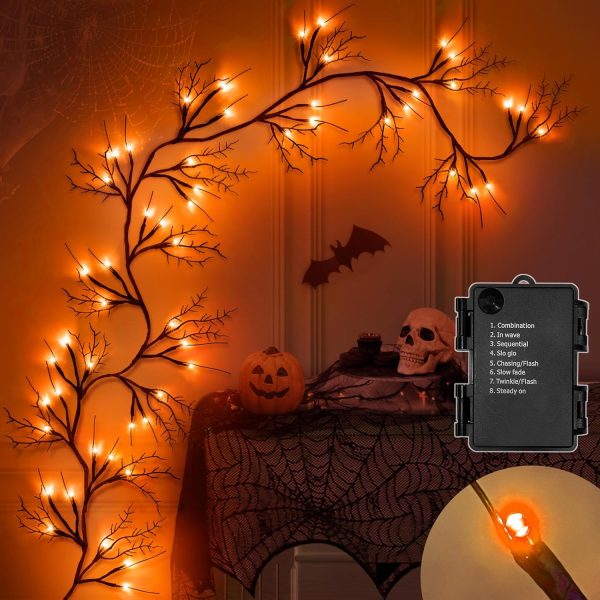 Surcvio 6 Ft 54 Led Halloween Willow Vine Twig Decor Garland With 8 Modes Timer Waterproof Battery Operated Scary Halloween Decorations For Home Wall Mantle Fireplace Decor