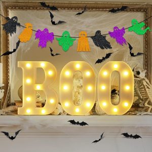 Halloween Decorations - Led Marquee Light Up Letters “Boo” Lights + Ghost Banner For Home Indoor Kitchen Fireplace Party Table Decor Supplies (Batteries Not Included)