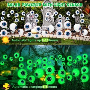 Zfnn Solar Halloween Decorations, 4 Pack 24 Led Spooky Eyeball Lights, Outdoor Waterproof Solar Green Firefly Lights For Garden Yard Patio Pathway Lawn Halloween Party