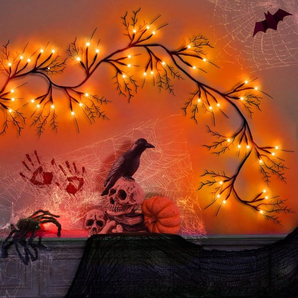 Surcvio 6 Ft 54 Led Halloween Willow Vine Twig Decor Garland With 8 Modes Timer Waterproof Battery Operated Scary Halloween Decorations For Home Wall Mantle Fireplace Decor