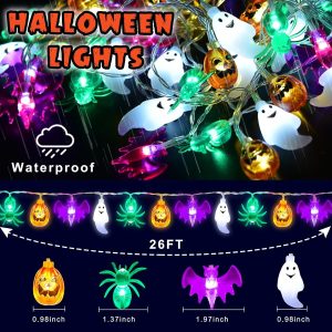 Kenburg Halloween String Lights Battery Operated 26 Feet 40 Led 3D Orange Pumpkins Purple Bats White Ghosts Green Spider Lights With Timer-8 Light Modes Halloween Decorations Lights Indoor Outdoor