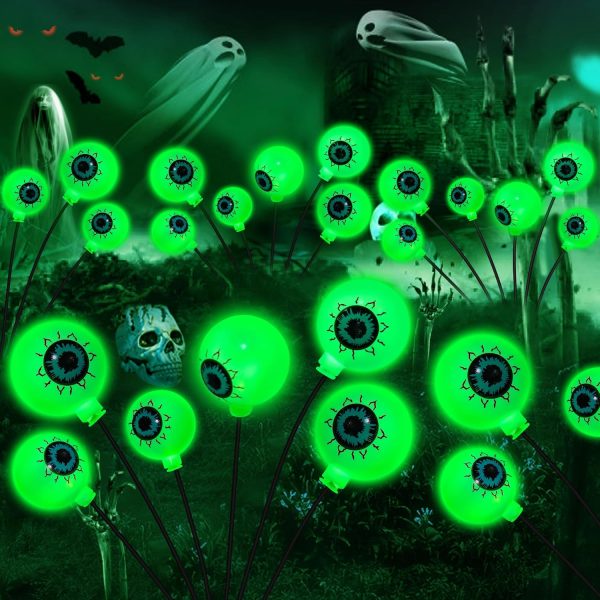 Zfnn Solar Halloween Decorations, 4 Pack 24 Led Spooky Eyeball Lights, Outdoor Waterproof Solar Green Firefly Lights For Garden Yard Patio Pathway Lawn Halloween Party