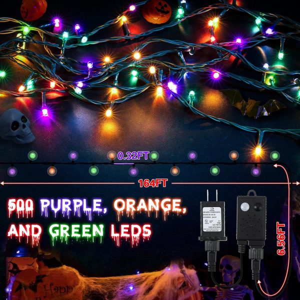 Enhon 500 Led 164Ft Halloween String Lights Outdoor With Spooky Music, Infrared Motion Sensor Controller Waterproof Lighted Halloween Fairy Lights For Halloween Party Decorations(Purple Orange Green)