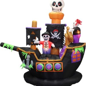 Two Halloween Party Decorations Bundle, Includes 8 Foot Tall Halloween Inflatable Pirate Skull Archway With Color Changing Led Lights, And 7 Foot Halloween Inflatable Skeletons Ghosts On Pirate