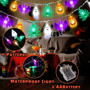 Kenburg Halloween String Lights Battery Operated 26 Feet 40 Led 3D Orange Pumpkins Purple Bats White Ghosts Green Spider Lights With Timer-8 Light Modes Halloween Decorations Lights Indoor Outdoor