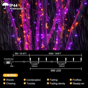 Kemooie 500 Led Halloween Lights, 164Ft 8 Lighting Modes Plug In Waterproof Fairy Lights For Outdoor Tree Lights Party Garden Balcony Halloween Decorations(Purple And Orange)