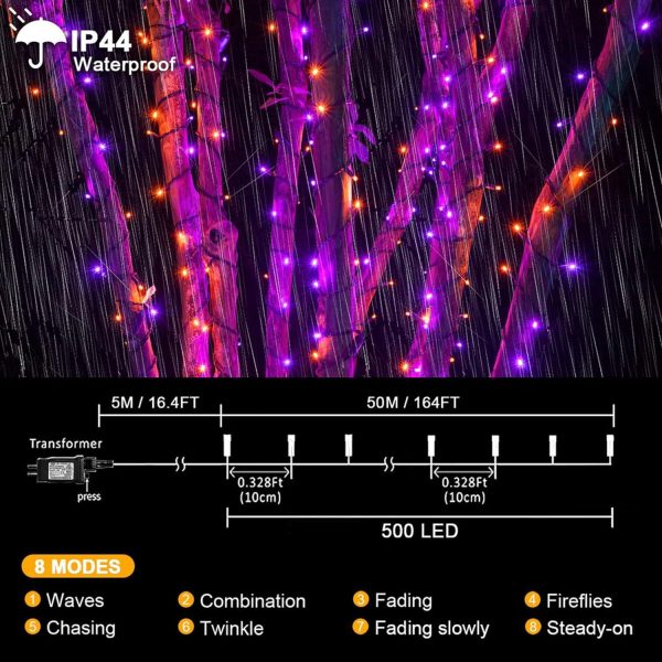 Kemooie 500 Led Halloween Lights, 164Ft 8 Lighting Modes Plug In Waterproof Fairy Lights For Outdoor Tree Lights Party Garden Balcony Halloween Decorations(Purple And Orange)