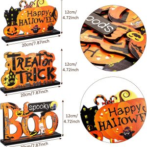 Blulu 3 Happy Halloween Table Decorations, Pumpkin Table Centerpieces Boo Sign Wooden Candy Day For Halloween Party Dinner Coffee Table Topper Tier Tray Room Decor, 7.87 X 4.72 Inch