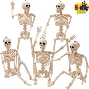 Joyin 5 Pcs Posable Halloween Skeletons 16 Inches Full Body Posable Joints Hanging Skeletons For Graveyard Decorations, Haunted House Accessories, Spooky Scene Party Favors