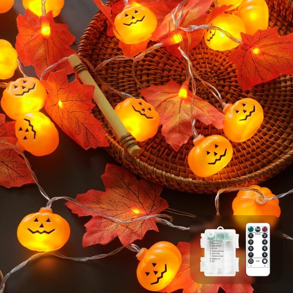 Jackyled Halloween String Lights 30-Led Pumpkin Maple Leaf Decor Lights 15 Ft 8 Modes With Remote Control And Timer Ip65 Waterproof Battery-Powered For Indoor Outdoor Festival Party Decoration